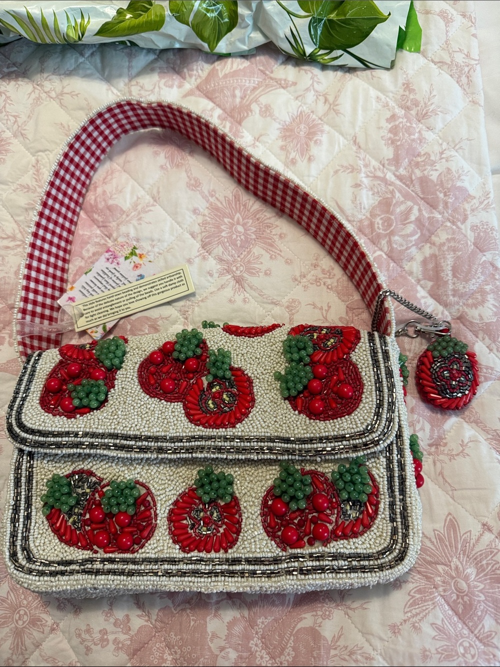 Beaded Red Tomato Shoulder Bag with Gingham Strap
